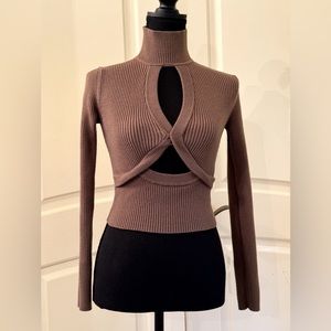 Zara Brown Ribbed Front Cut Out Long Sleeve Cropped Turtleneck Sweater Size S